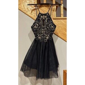 Blondie Nites Halter Beaded Gown Dress Navy Blue Size 3  Lace Short- Excellent